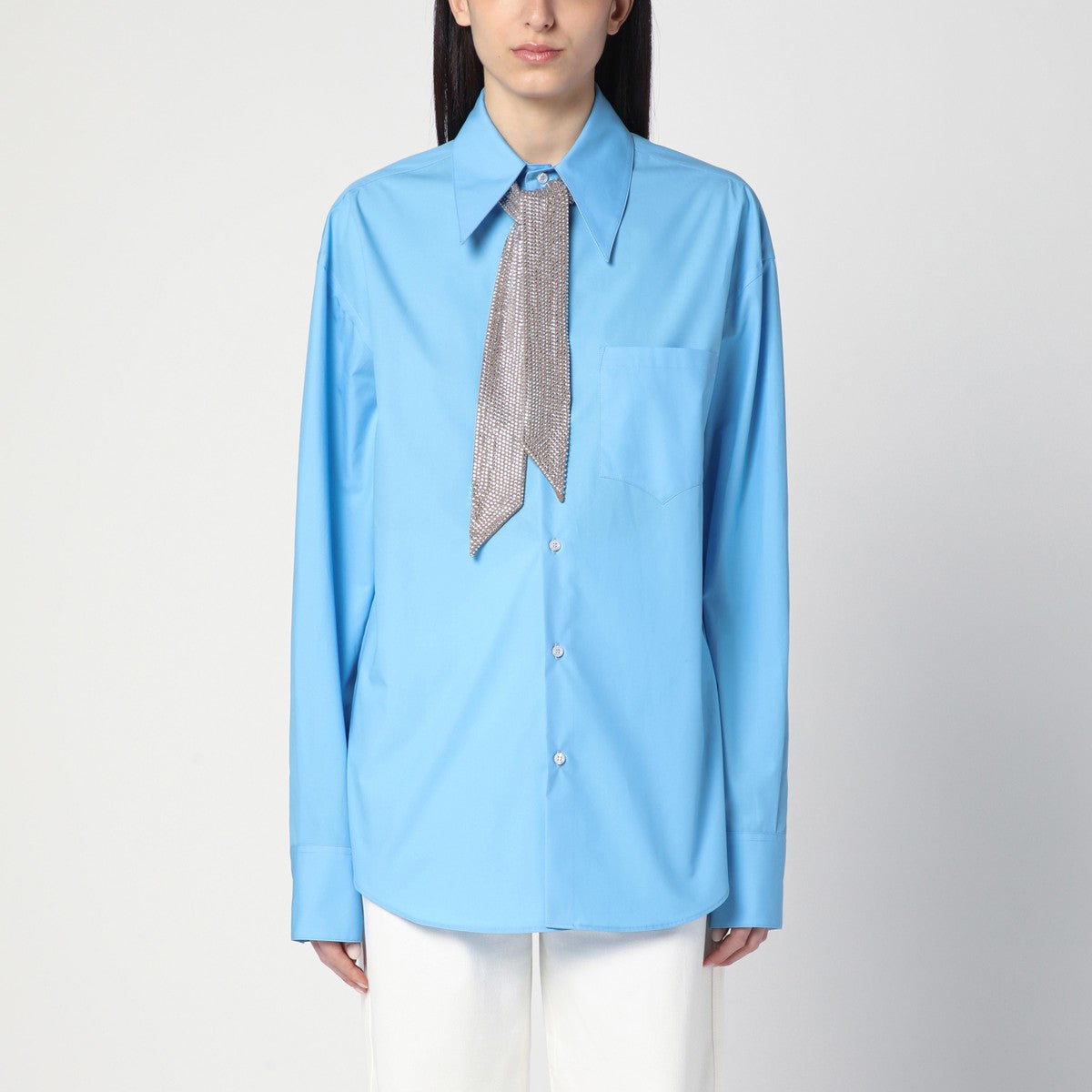 Giuseppe di Morabito Light blue shirt with rhinestone scarf