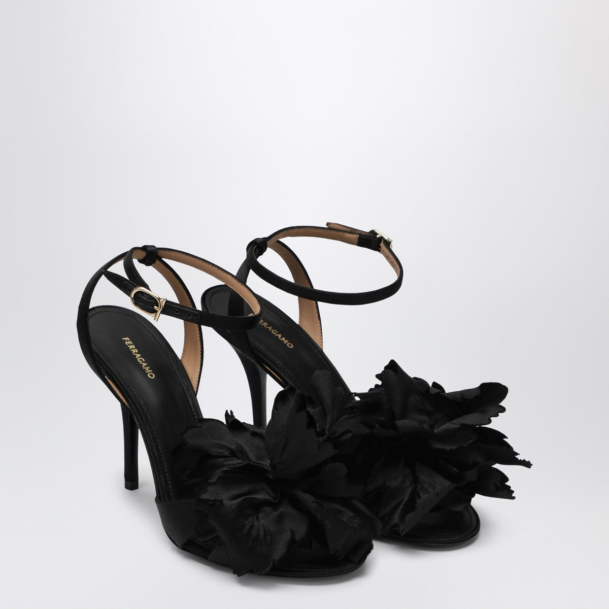Ferragamo Black satin flower sandals