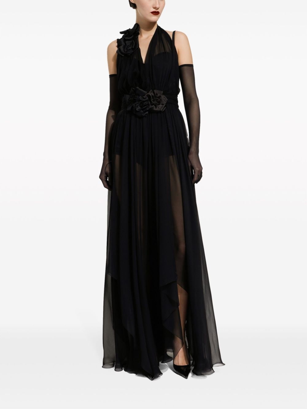 Dolce & Gabbana Long silk chiffon dress with floral appliqué