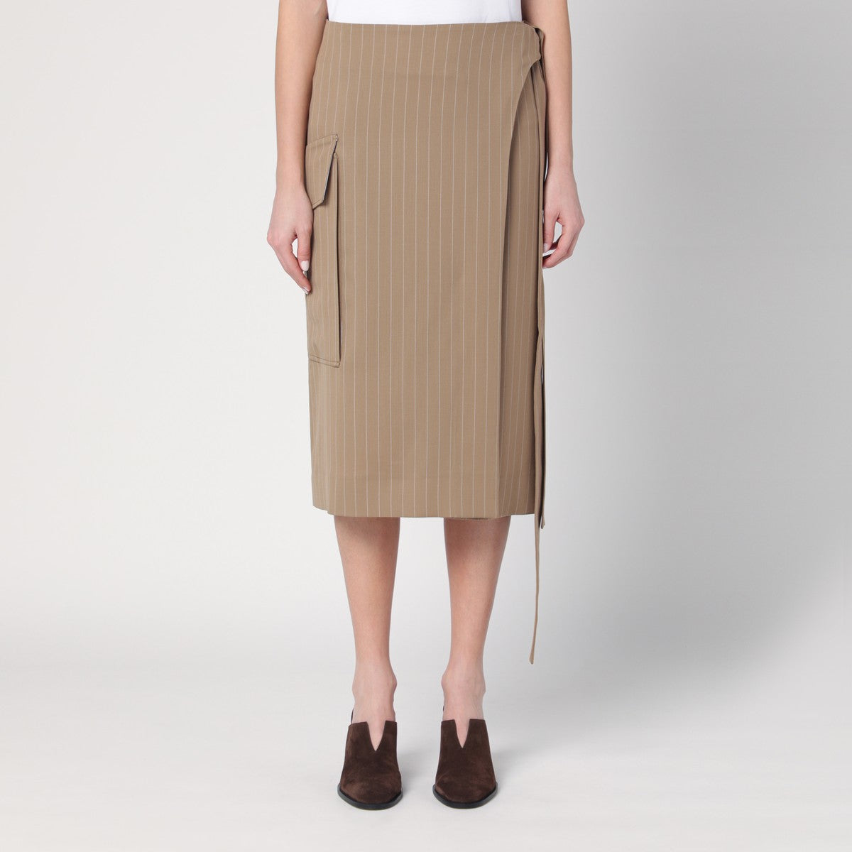 Victoria Beckham Sand-coloured pinstriped wrap skirt
