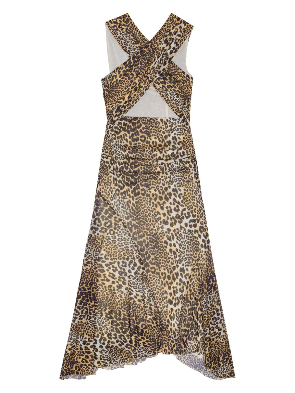 Ganni Leopard Marl Mesh Long Ruched Crossover Dress