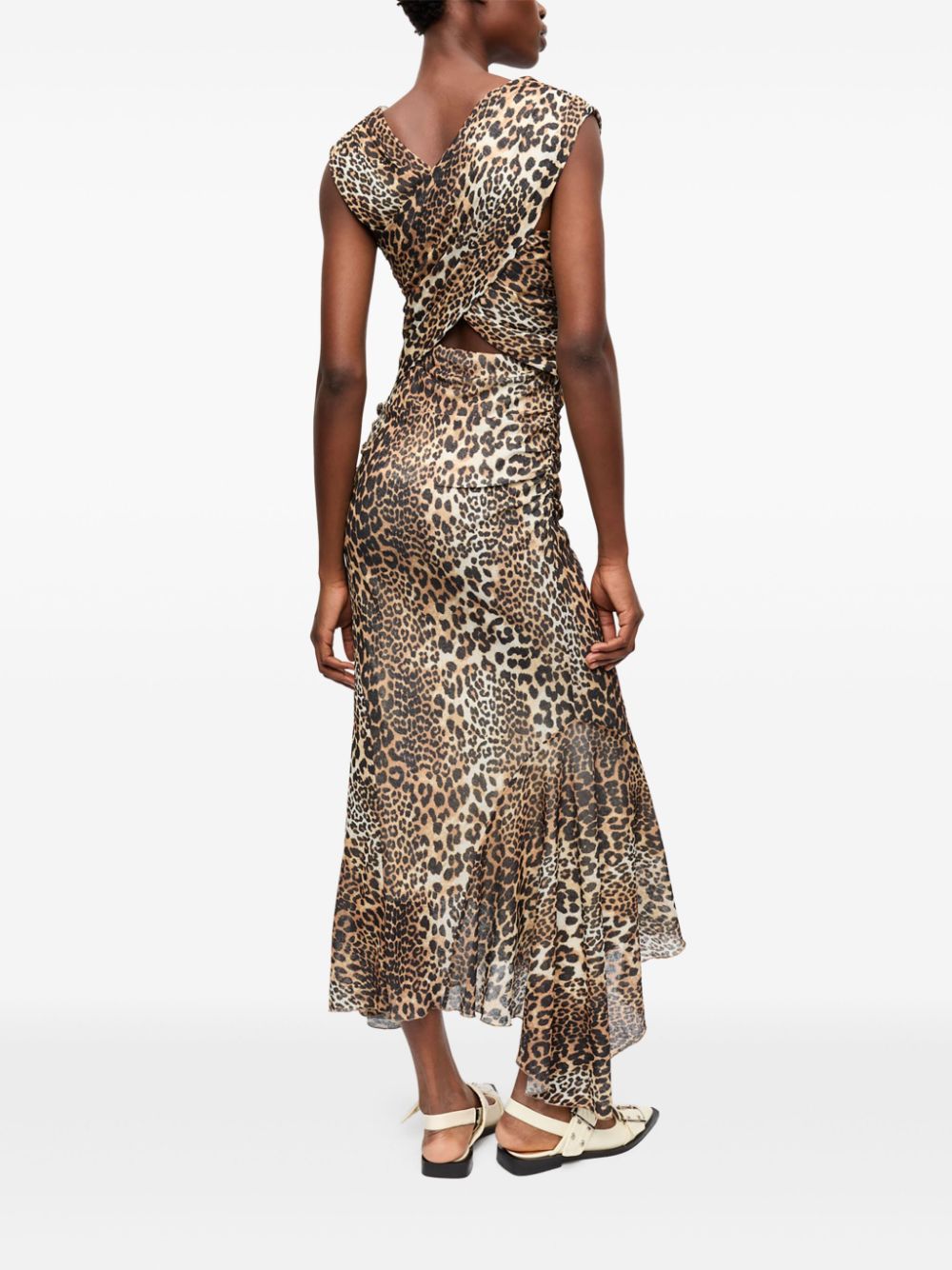 Ganni Leopard Marl Mesh Long Ruched Crossover Dress