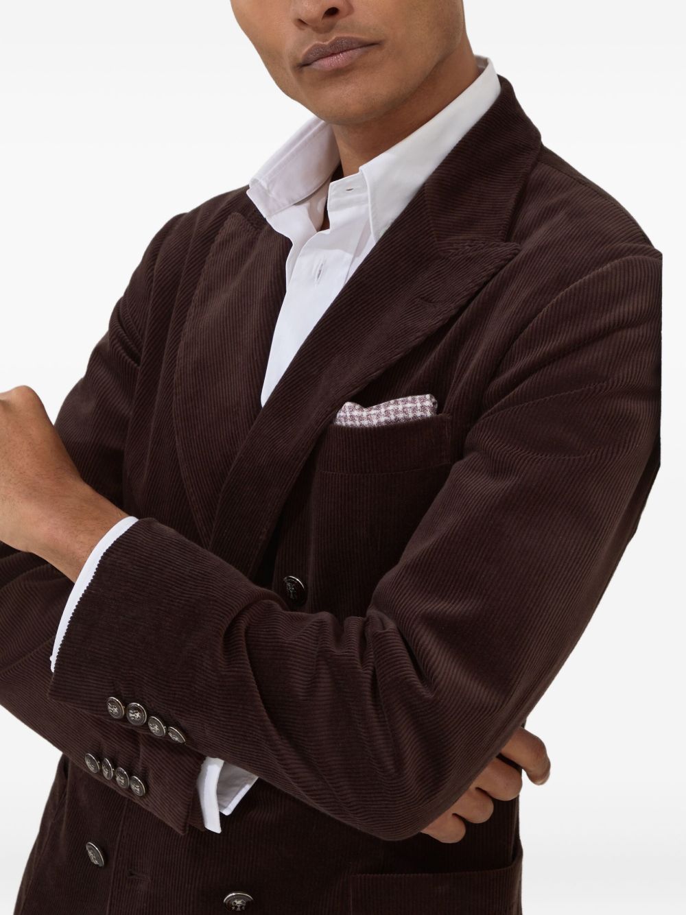 Brunello Cucinelli Comfort cotton and cashmere corduroy one-and-a-half breasted deconstructed blazer with patch pockets and metal buttons