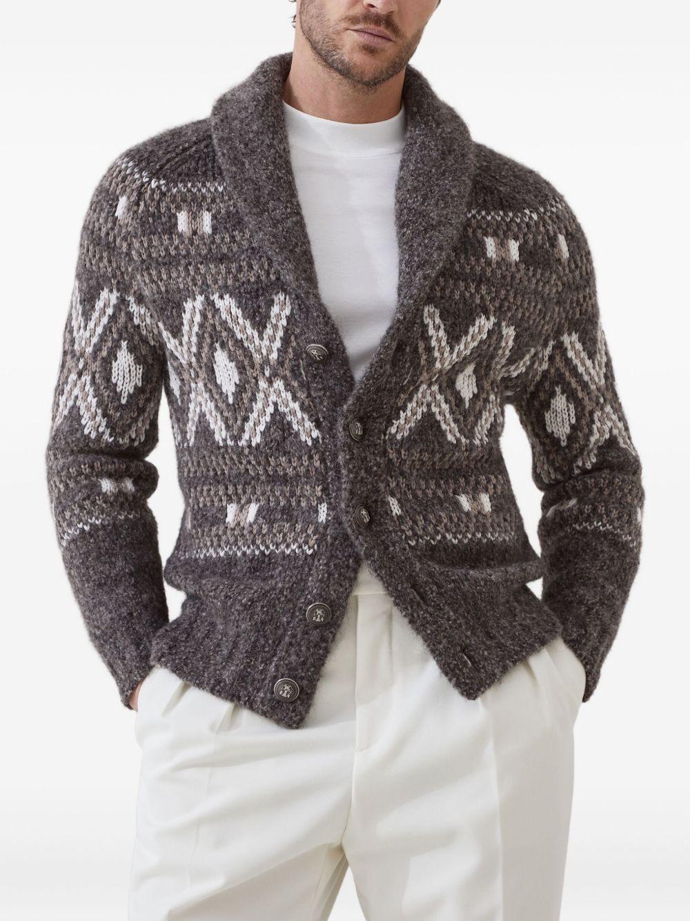 Brunello Cucinelli Alpaca, virgin wool and cashmere geometric jacquard cardigan with metal buttons