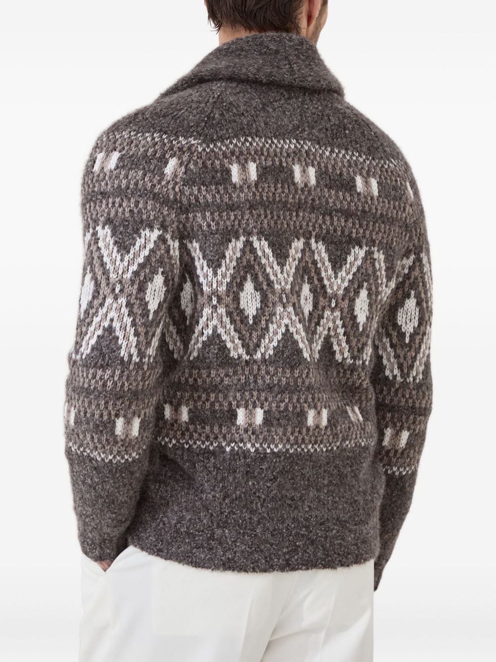 Brunello Cucinelli Alpaca, virgin wool and cashmere geometric jacquard cardigan with metal buttons