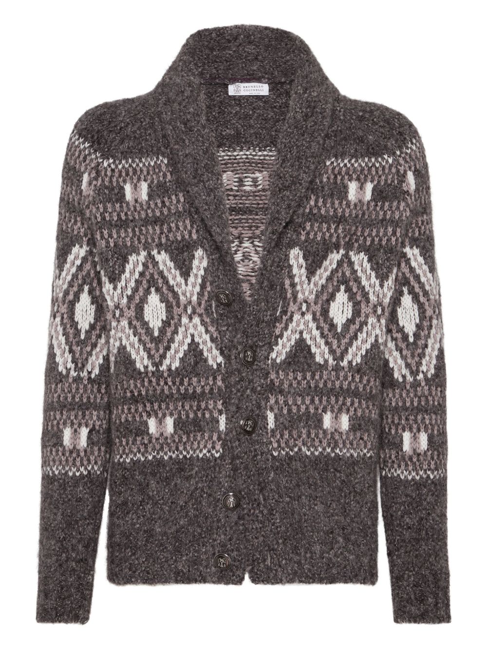 Brunello Cucinelli Alpaca, virgin wool and cashmere geometric jacquard cardigan with metal buttons