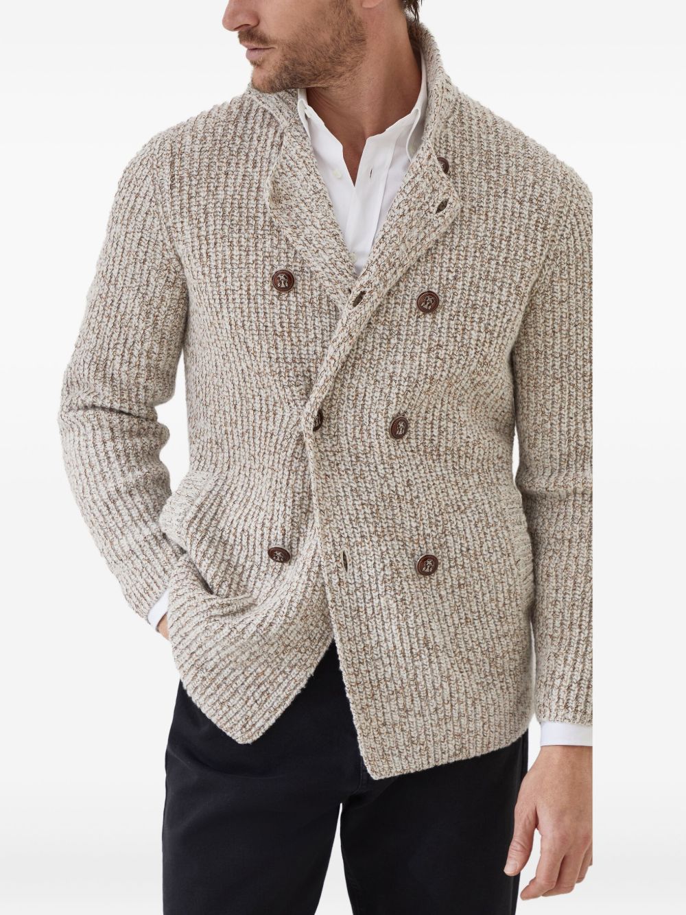 Brunello Cucinelli Mouliné virgin wool, silk and cashmere half English rib one-and-a-half breasted cardigan with metal buttons