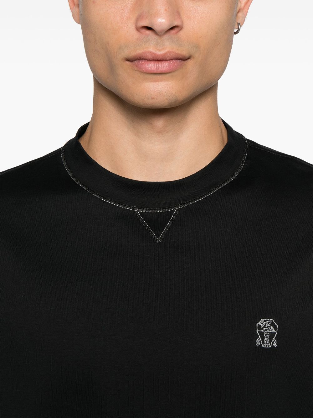 Brunello Cucinelli Crew neck T-shirt in cotton jersey with logo and faux layering