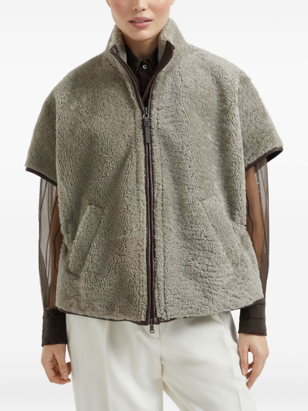 Brunello Cucinelli Curly Shearling Short Sleeve Outerwear with Shiny Zipper Pull