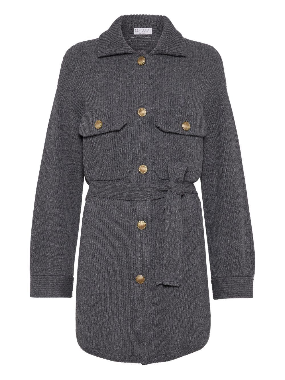 Brunello Cucinelli Virgin wool, cashmere and silk English rib belted cardigan with metal buttons