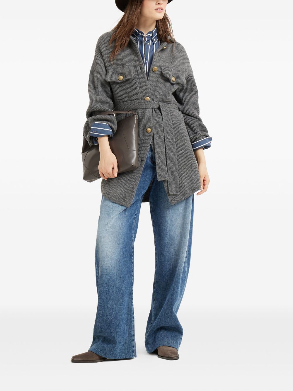 Brunello Cucinelli Virgin wool, cashmere and silk English rib belted cardigan with metal buttons