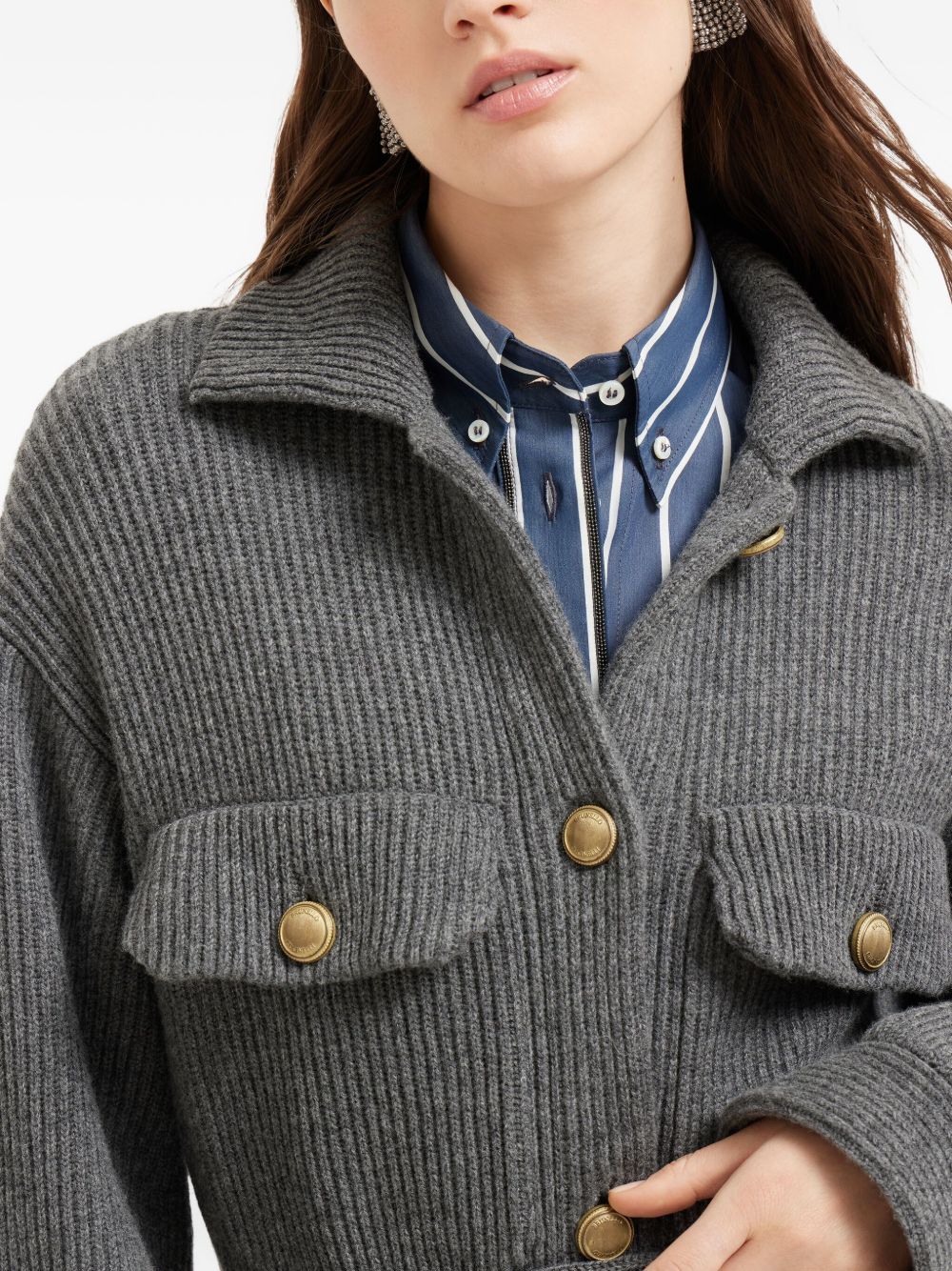 Brunello Cucinelli Virgin wool, cashmere and silk English rib belted cardigan with metal buttons