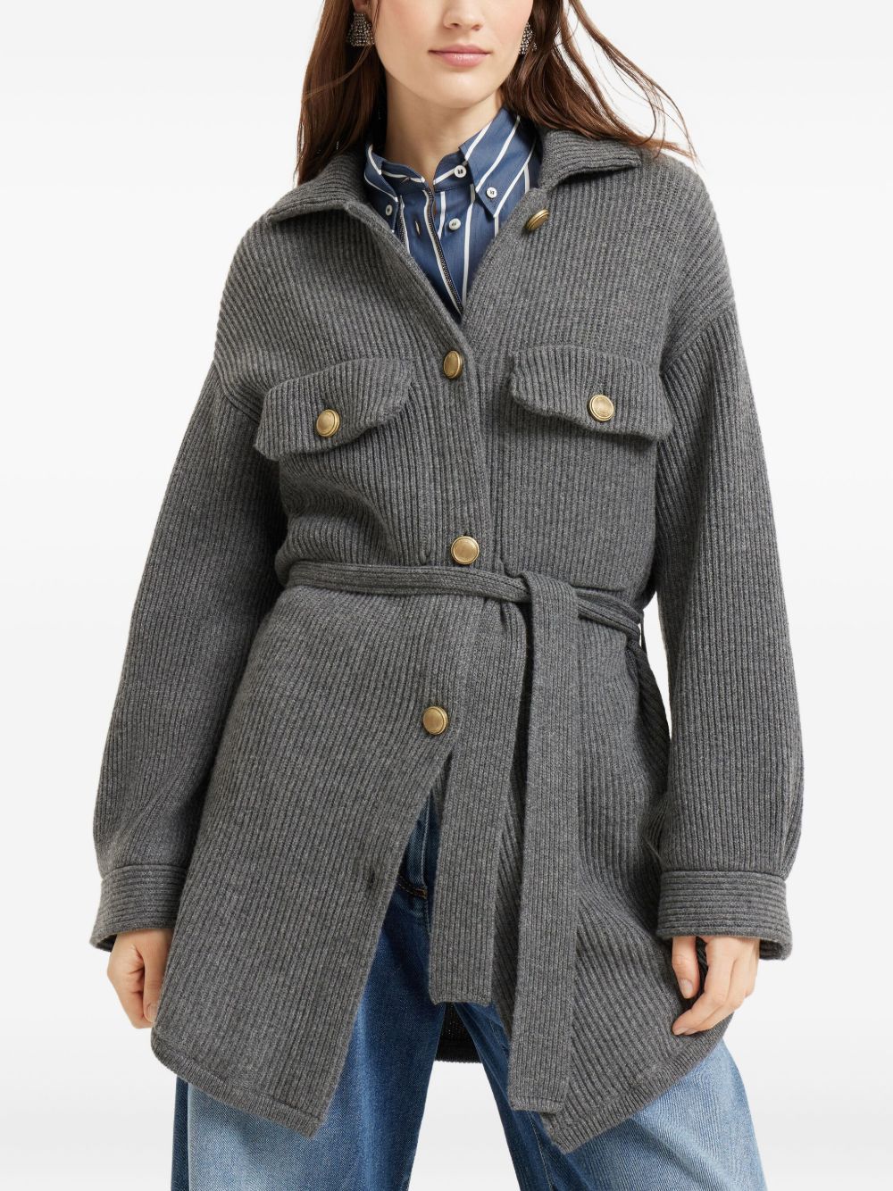 Brunello Cucinelli Virgin wool, cashmere and silk English rib belted cardigan with metal buttons