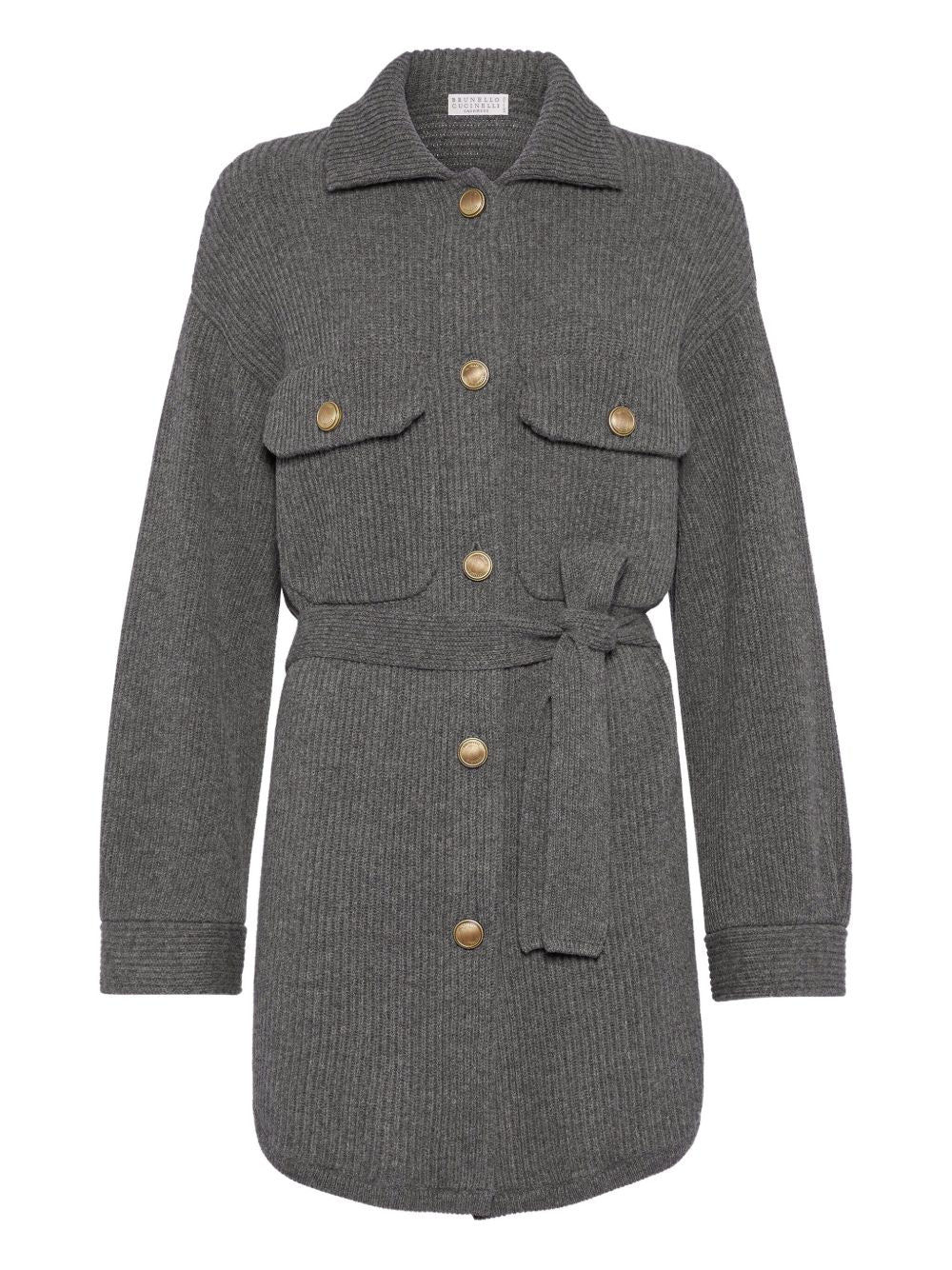 Brunello Cucinelli Virgin wool, cashmere and silk English rib belted cardigan with metal buttons