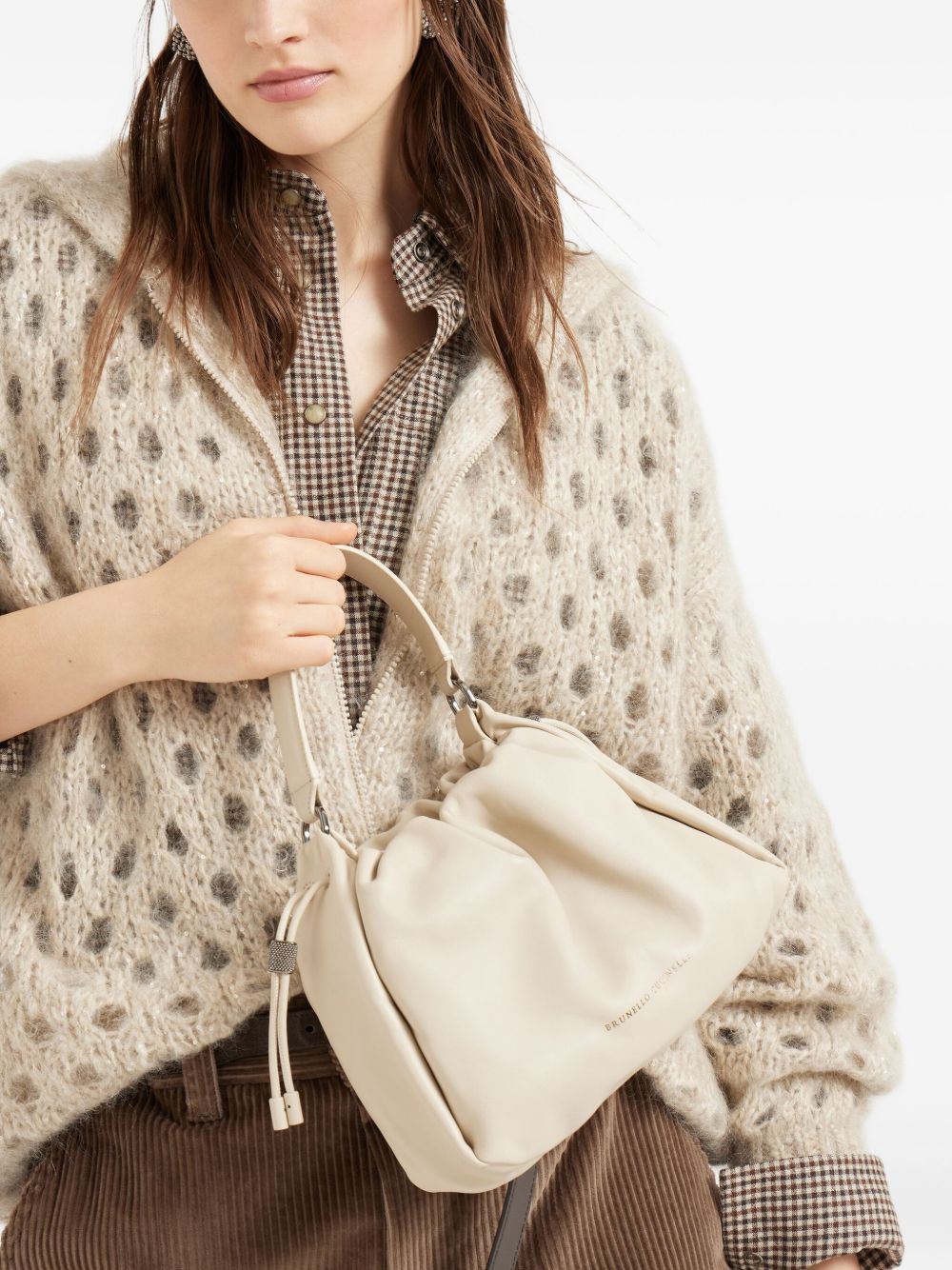 Brunello Cucinelli Mellow small bucket bag in soft leather with monili