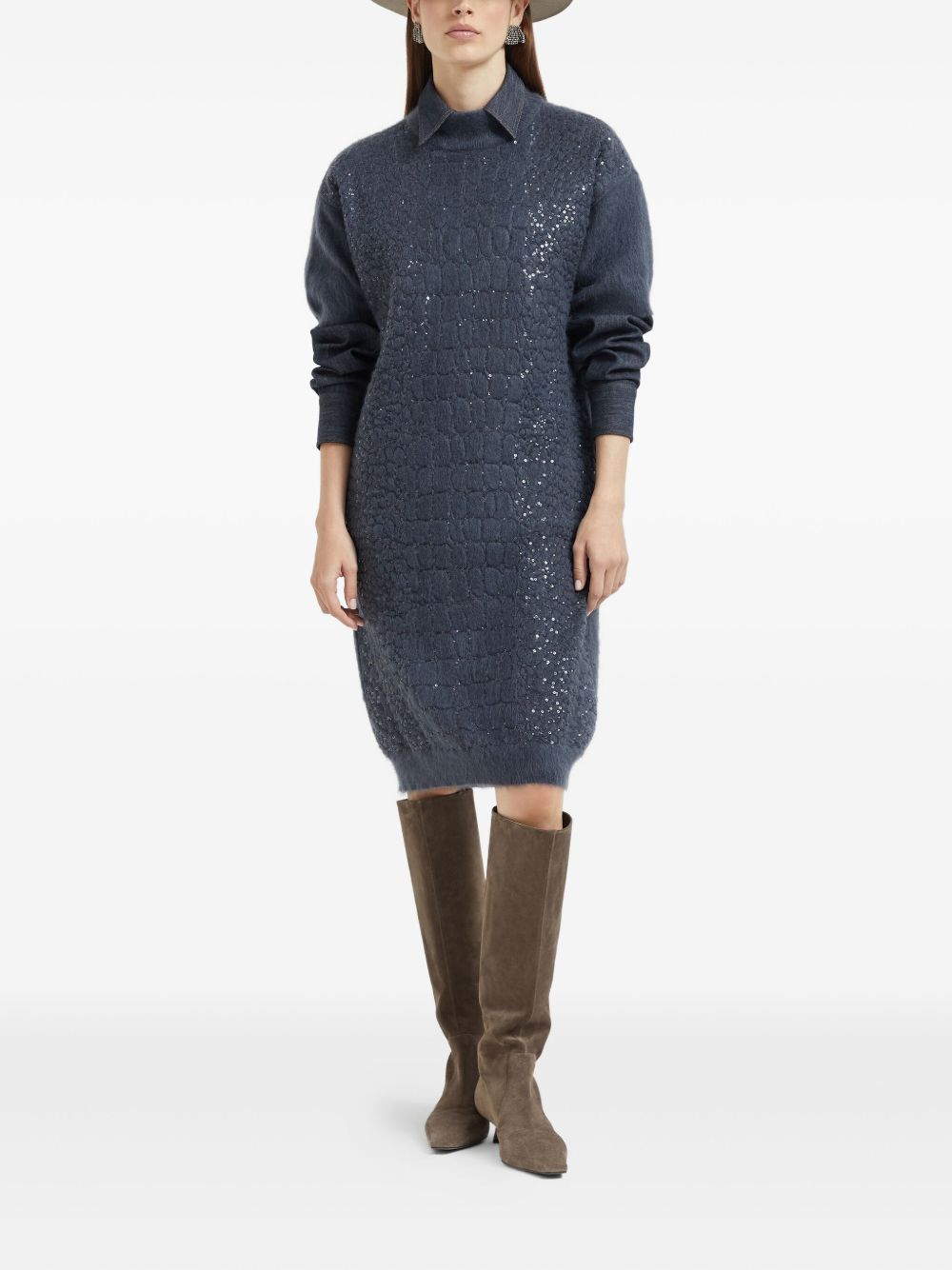 Brunello Cucinelli Mohair, virgin wool and cashmere knit dress with dazzling croc motif