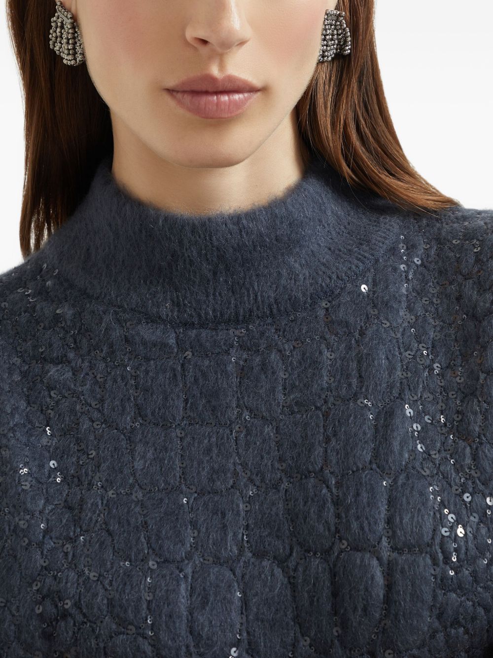 Brunello Cucinelli Mohair, virgin wool and cashmere knit dress with dazzling croc motif