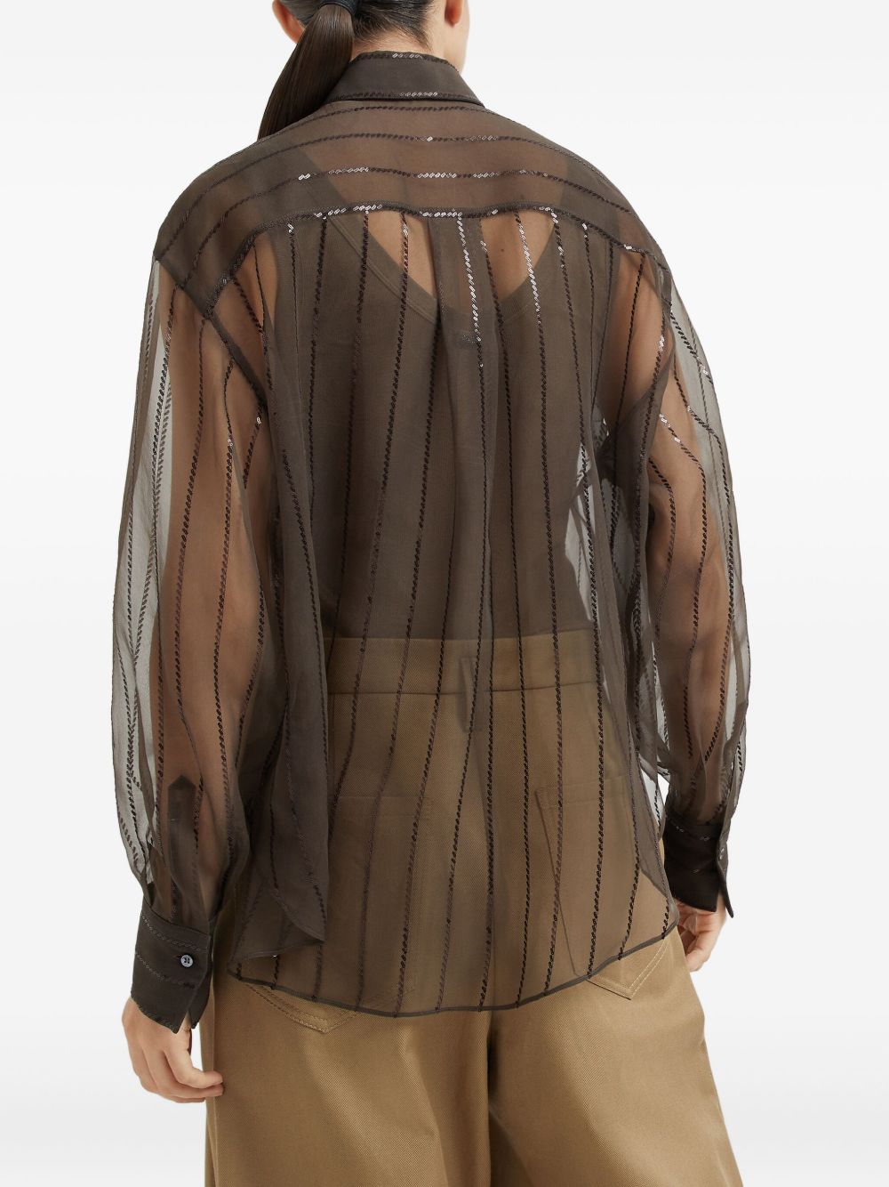 Brunello Cucinelli Crispy silk shirt with dazzling chalk stripe embroidery