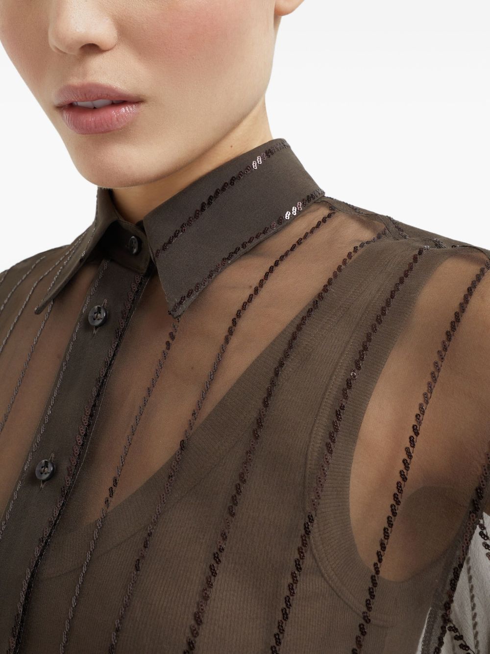 Brunello Cucinelli Crispy silk shirt with dazzling chalk stripe embroidery