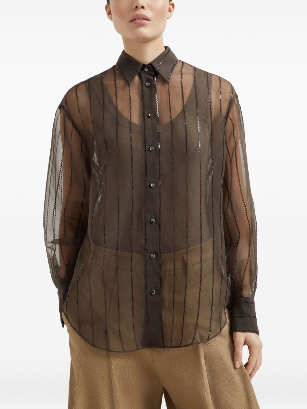 Brunello Cucinelli Crispy silk shirt with dazzling chalk stripe embroidery