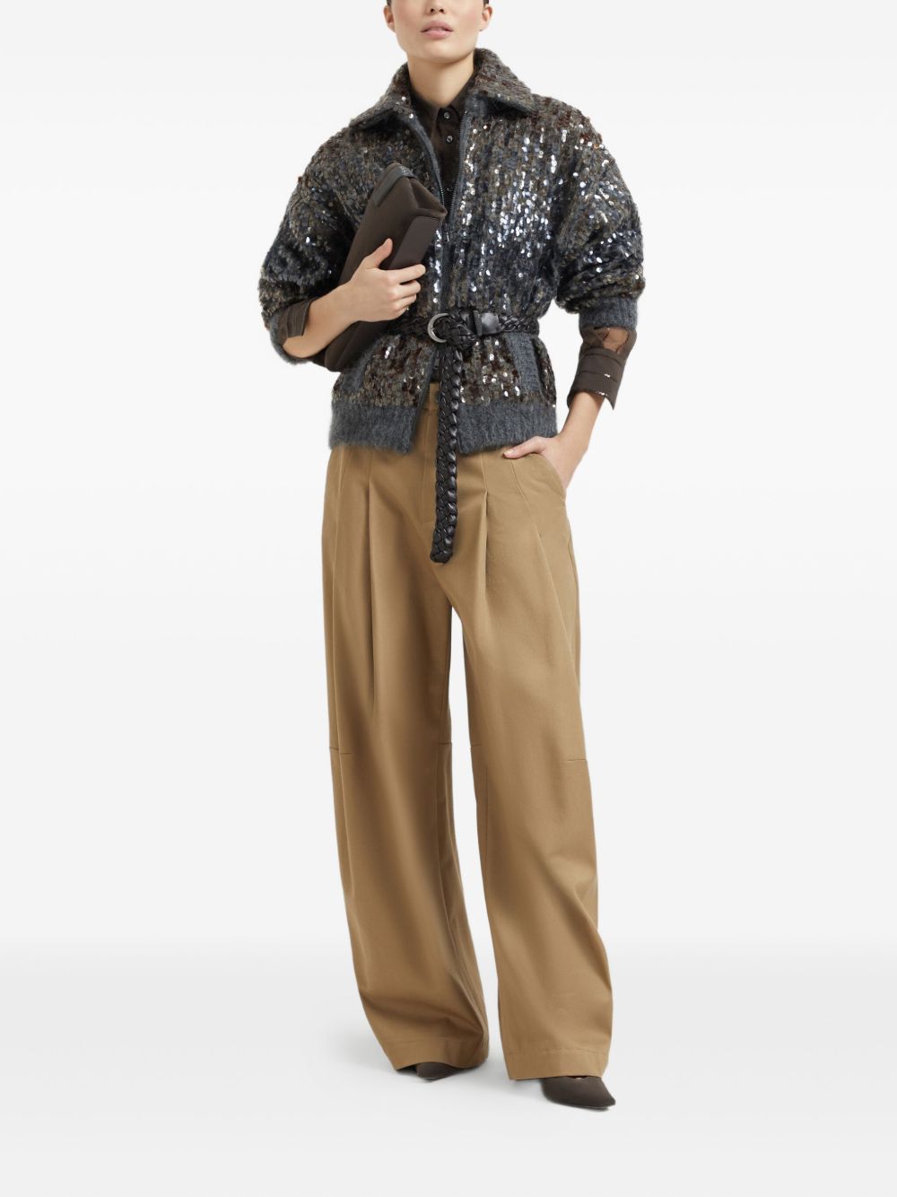 Brunello Cucinelli Crispy silk shirt with dazzling chalk stripe embroidery