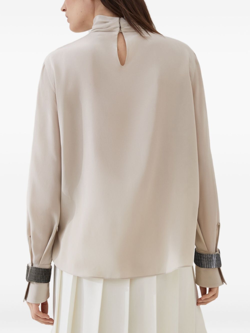 Brunello Cucinelli High-neck T-shirt in silk crêpe de Chine with Precious Bracelets