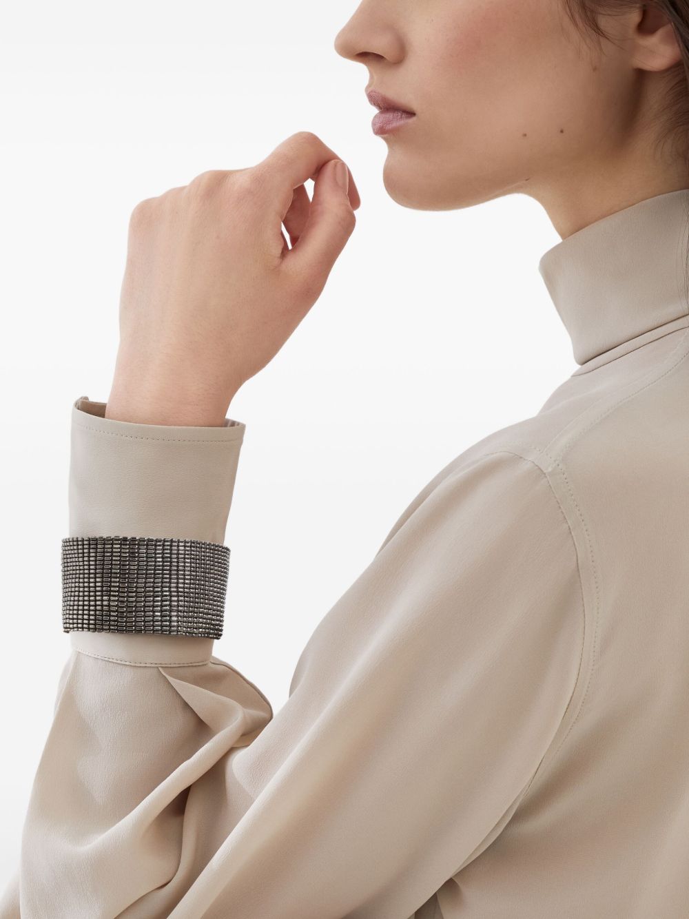 Brunello Cucinelli High-neck T-shirt in silk crêpe de Chine with Precious Bracelets