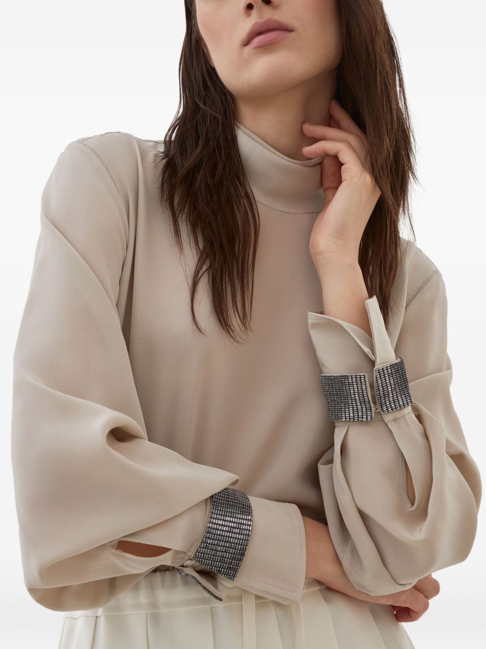 Brunello Cucinelli High-neck T-shirt in silk crêpe de Chine with Precious Bracelets