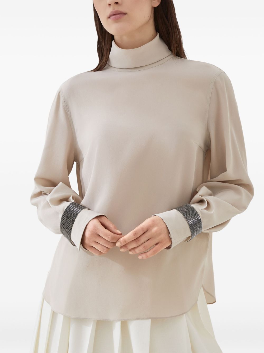 Brunello Cucinelli High-neck T-shirt in silk crêpe de Chine with Precious Bracelets