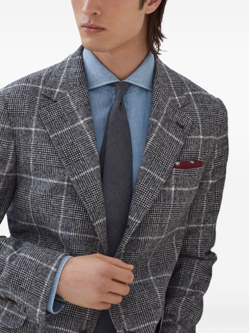 Brunello Cucinelli Alpaca and wool overcheck Prince of Wales deconstructed Cavallo blazer