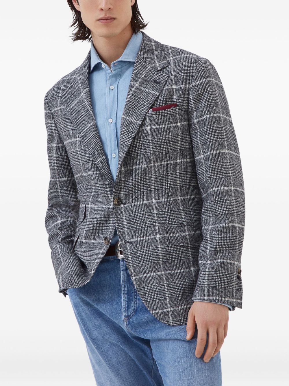 Brunello Cucinelli Alpaca and wool overcheck Prince of Wales deconstructed Cavallo blazer