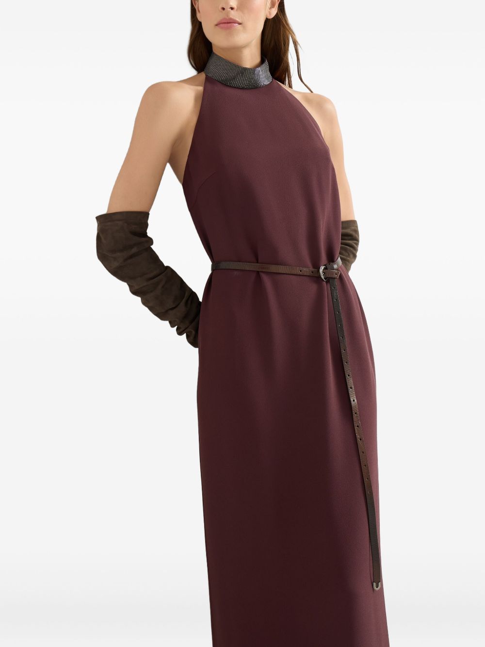 Brunello Cucinelli Halterneck dress in silk crêpe cady and acetate with Precious Beaded Collar