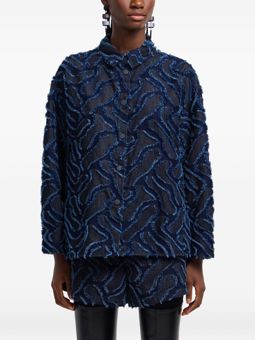 Emporio Armani Fringed embossed-motif jacquard denim shirt jacket