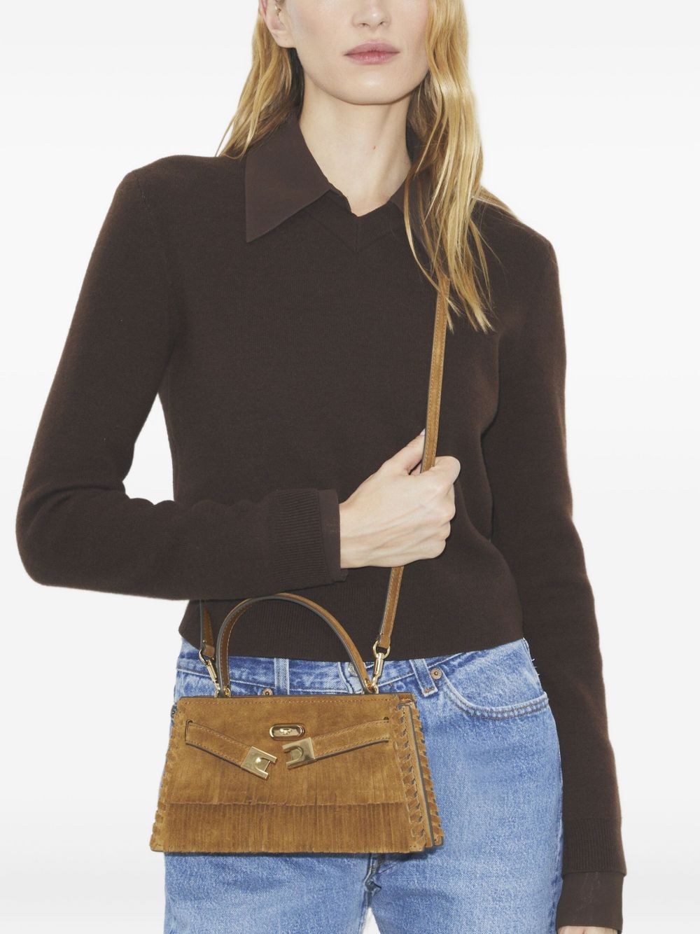 Tory Burch Mini Lee Radziwill Suede Fringe Top-Handle Bag