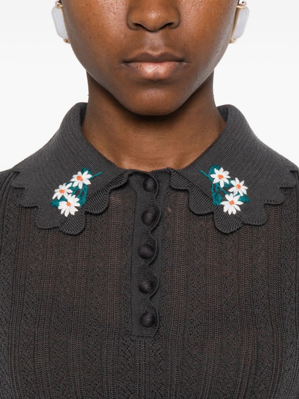 Self-Portrait Wool embroidered polo shirt