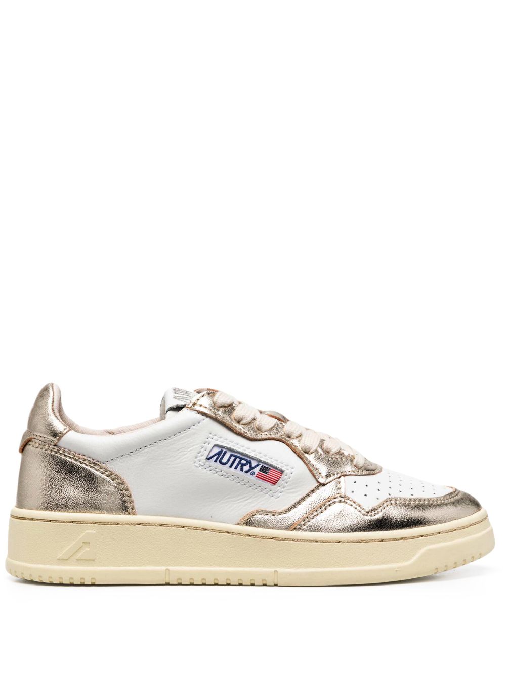 Autry MEDALIST LOW BICOLOR SNEAKERS IN WHITE AND PLATINUM METALLIC LEATHER