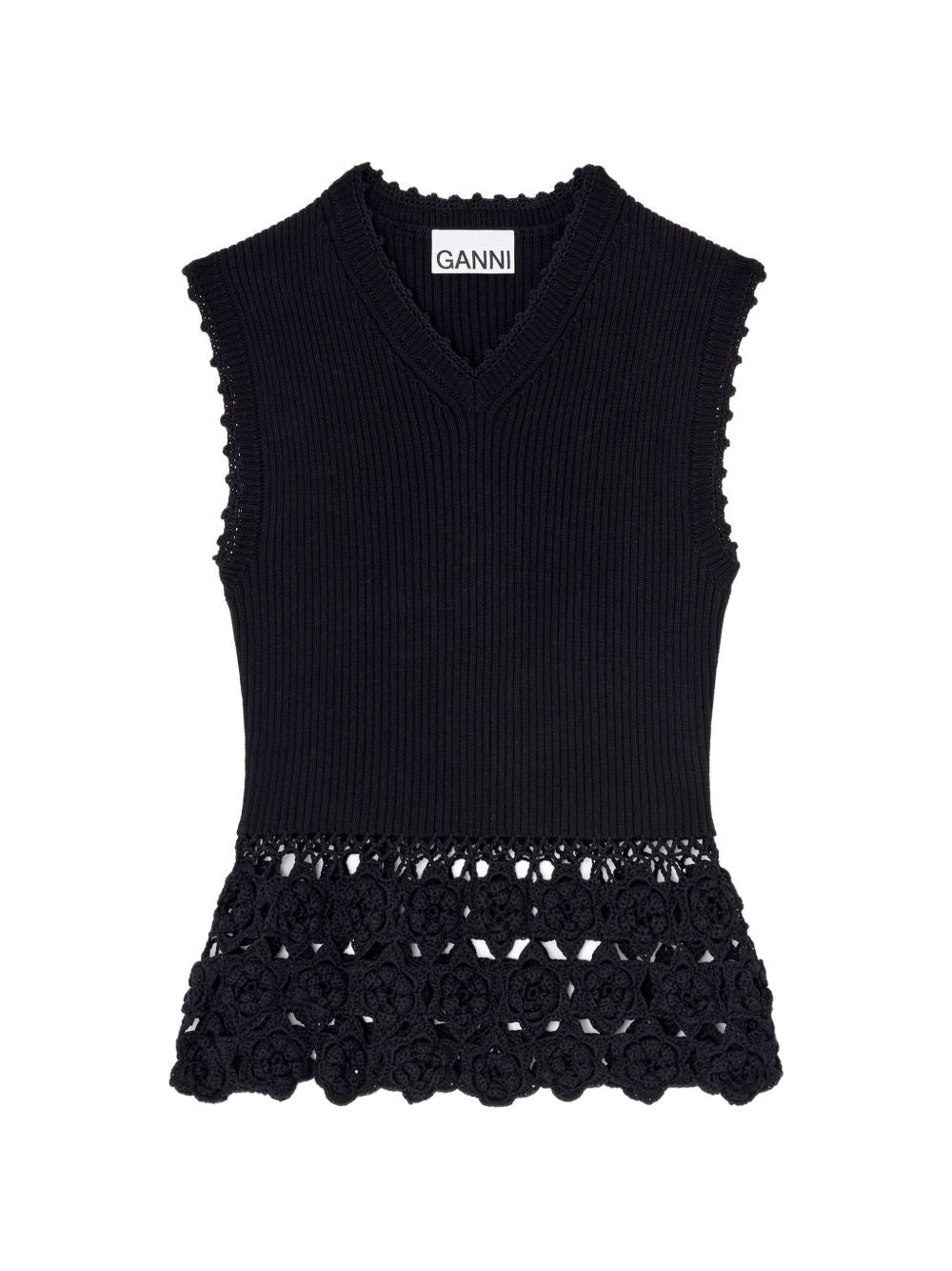 Ganni V-neck sleeveless scalloped trim Crochet cotton vest