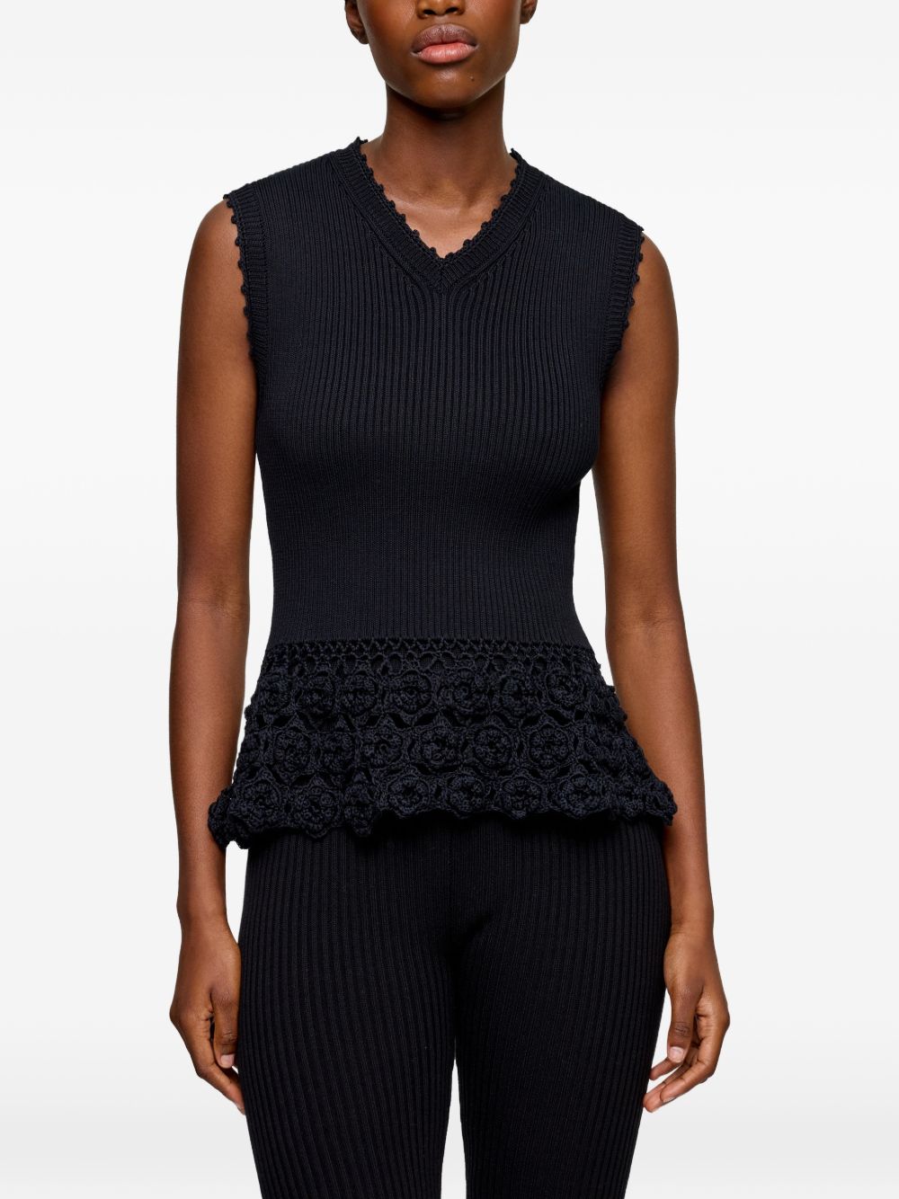 Ganni V-neck sleeveless scalloped trim Crochet cotton vest