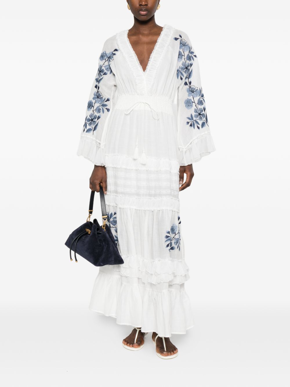 Ermanno Firenze V-neck tiered skirt short sleeves Embroidered maxi dress