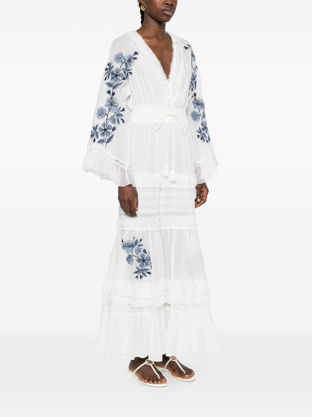 Ermanno Firenze V-neck tiered skirt short sleeves Embroidered maxi dress