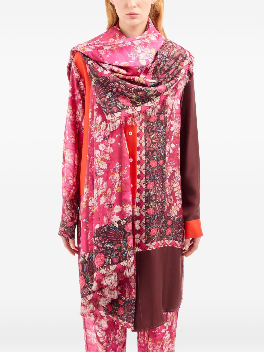 Pierre Louis Mascia Pink, floral print, fringed edge Printed silk scarf