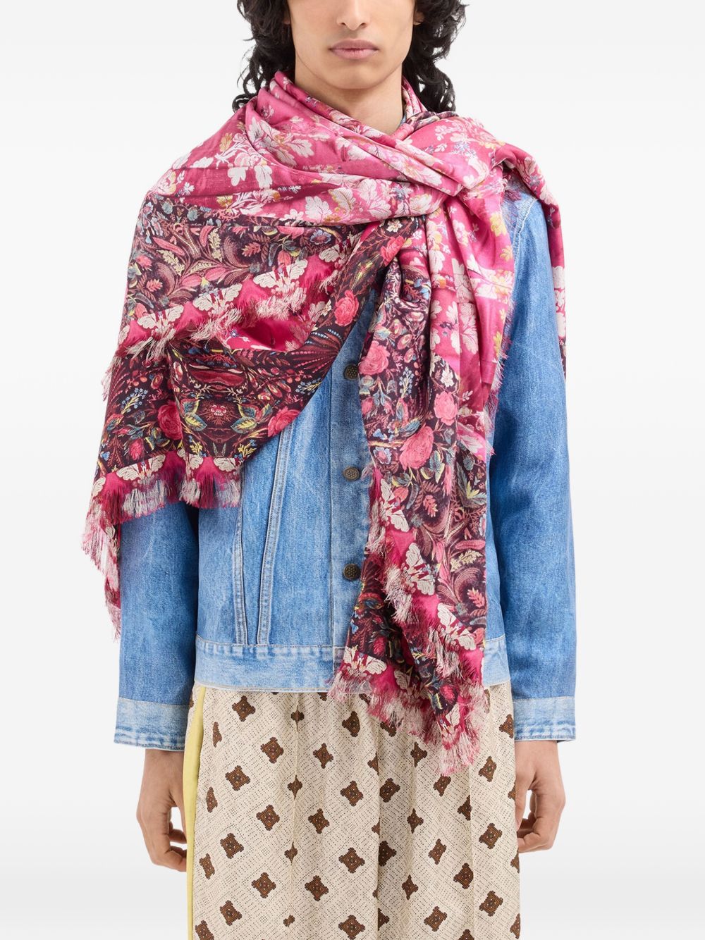 Pierre Louis Mascia Pink, floral print, fringed edge Printed silk scarf
