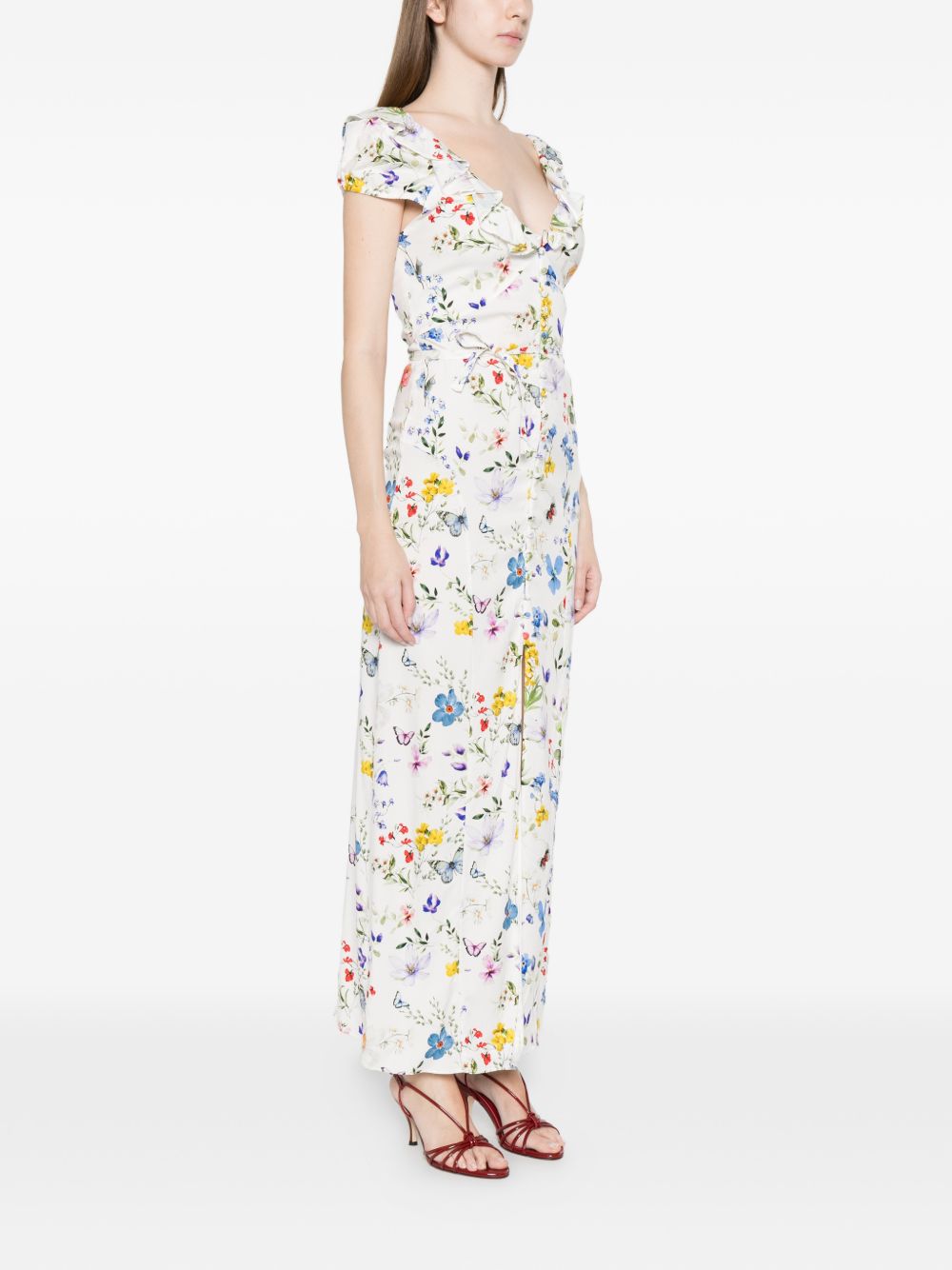 Alice + Olivia V-neck ruffles slit Tara printed long dress