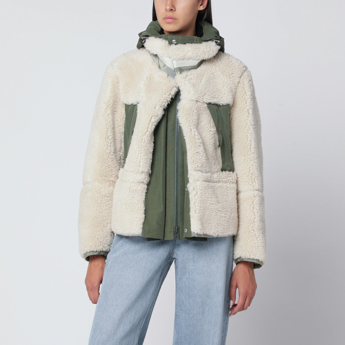 Sacai Ecru/khaki green two-tone jacket
