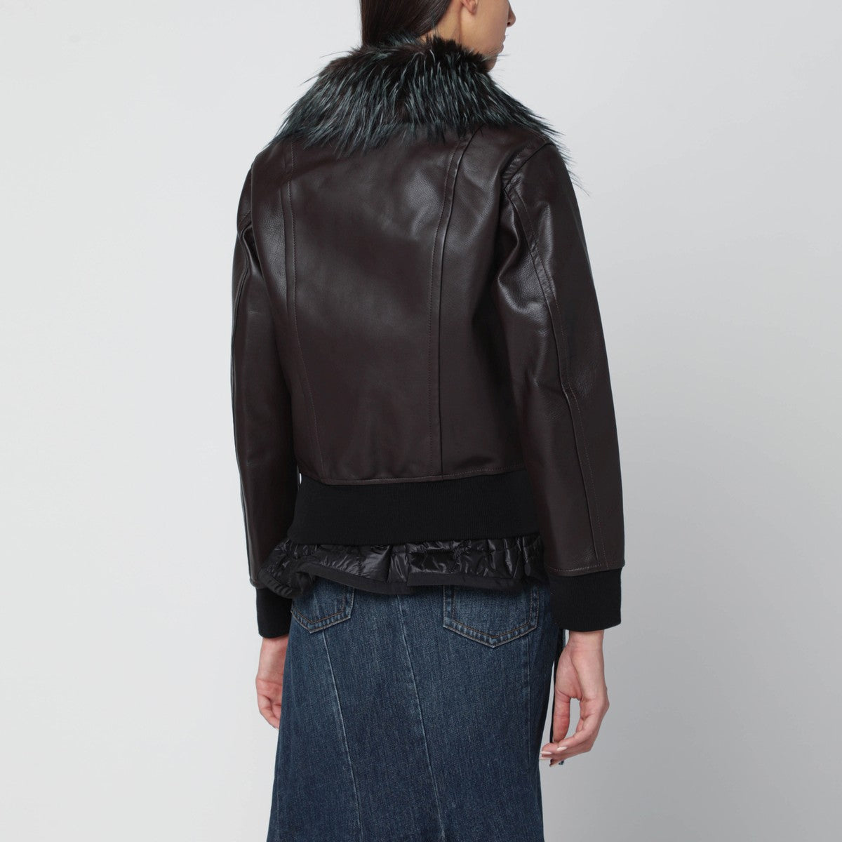Sacai Brown bi-material bomber jacket with zip