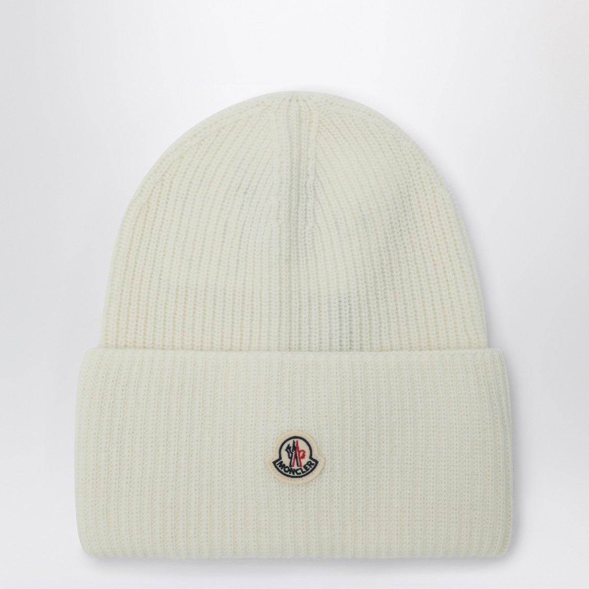 Moncler White wool beanie with logo patch