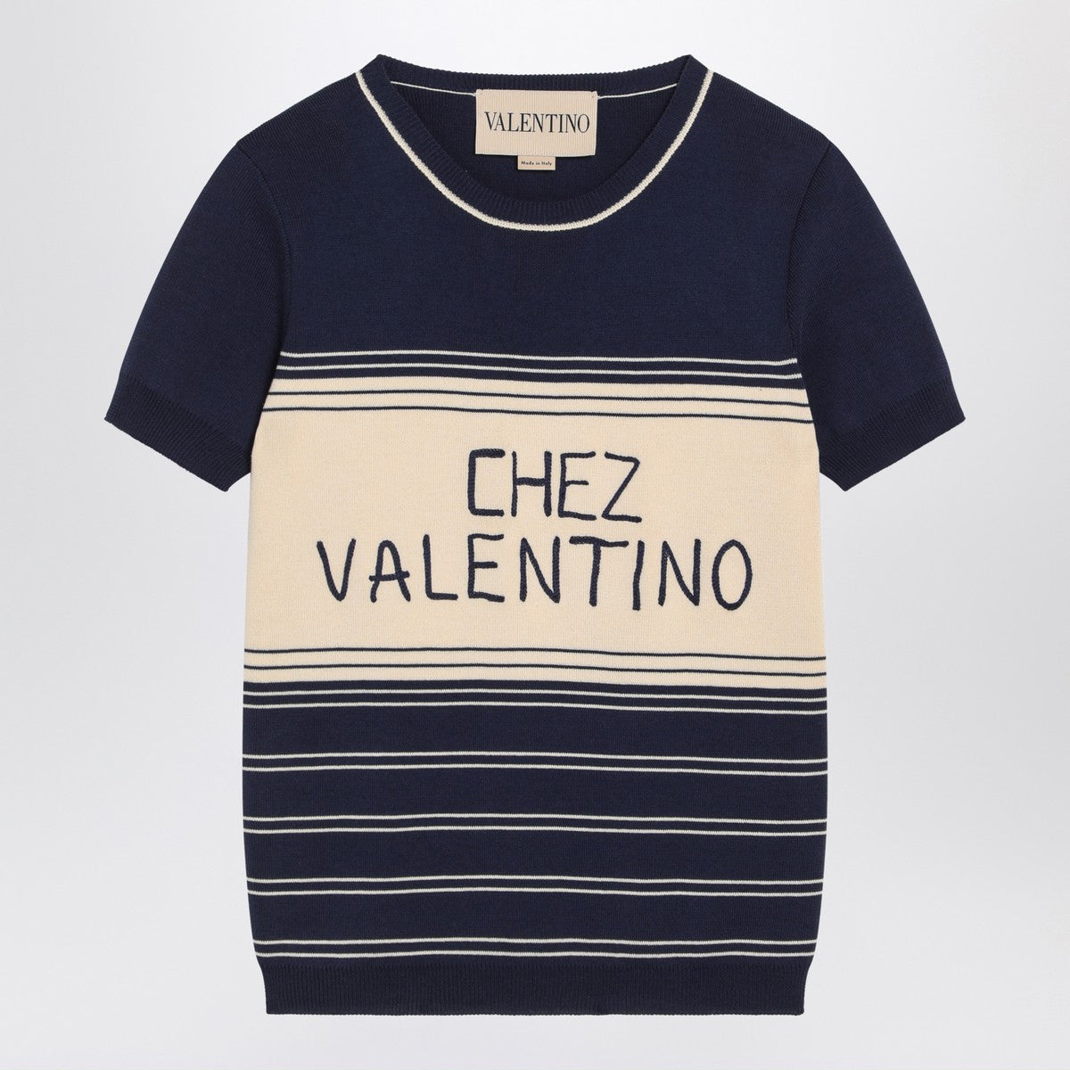 Blue ribbed top with Chez Valentino embroidery