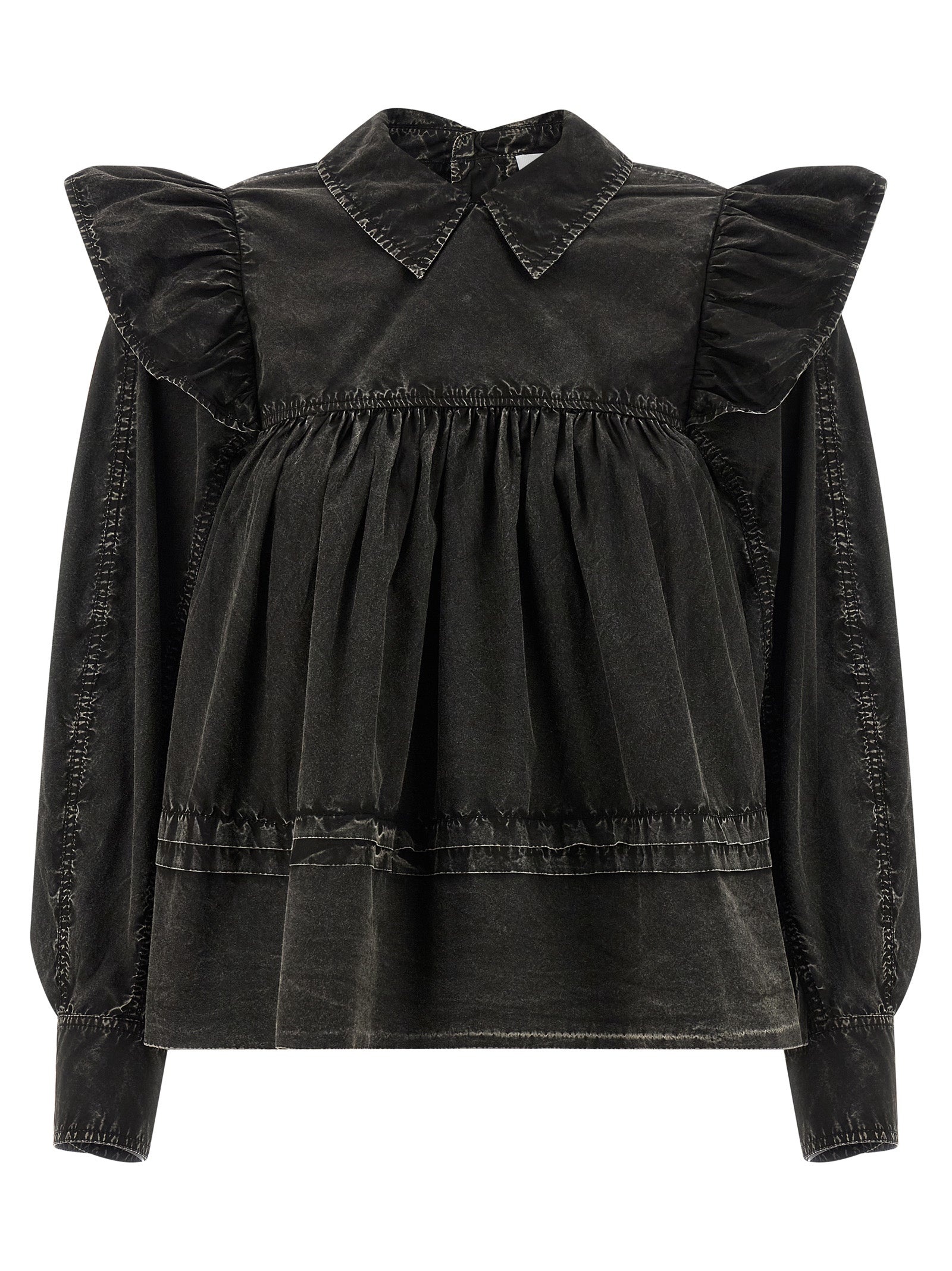 Ganni Black Washed Frill Blouse