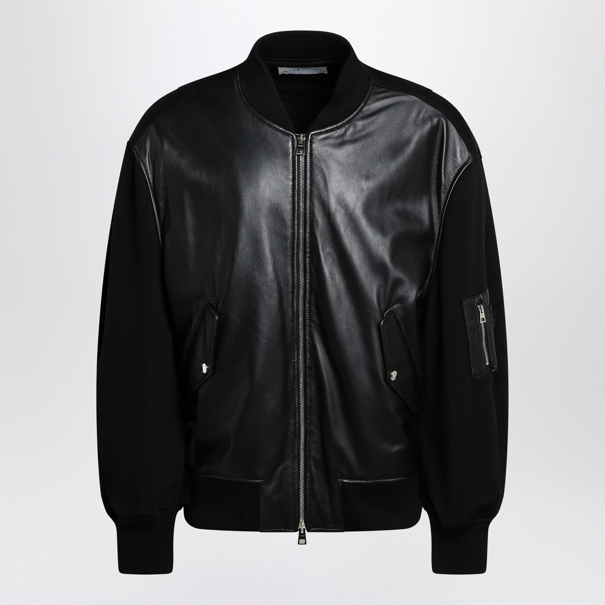 Givenchy Black leather bomber jacket with wool sleeves