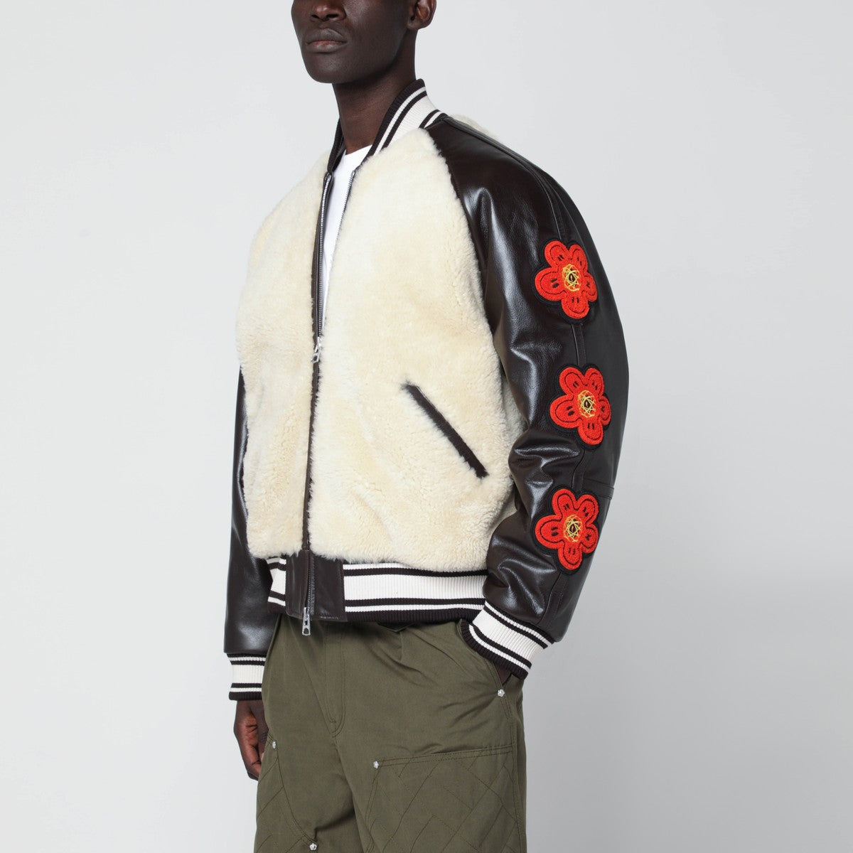 KENZO Beige shearling-effect and brown leather bomber jacket